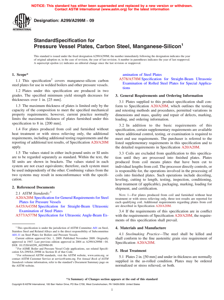 ASTM A299/A299M-09 - Standard Specification for Pressure Vessel Plates, Carbon Steel, Manganese-Silicon