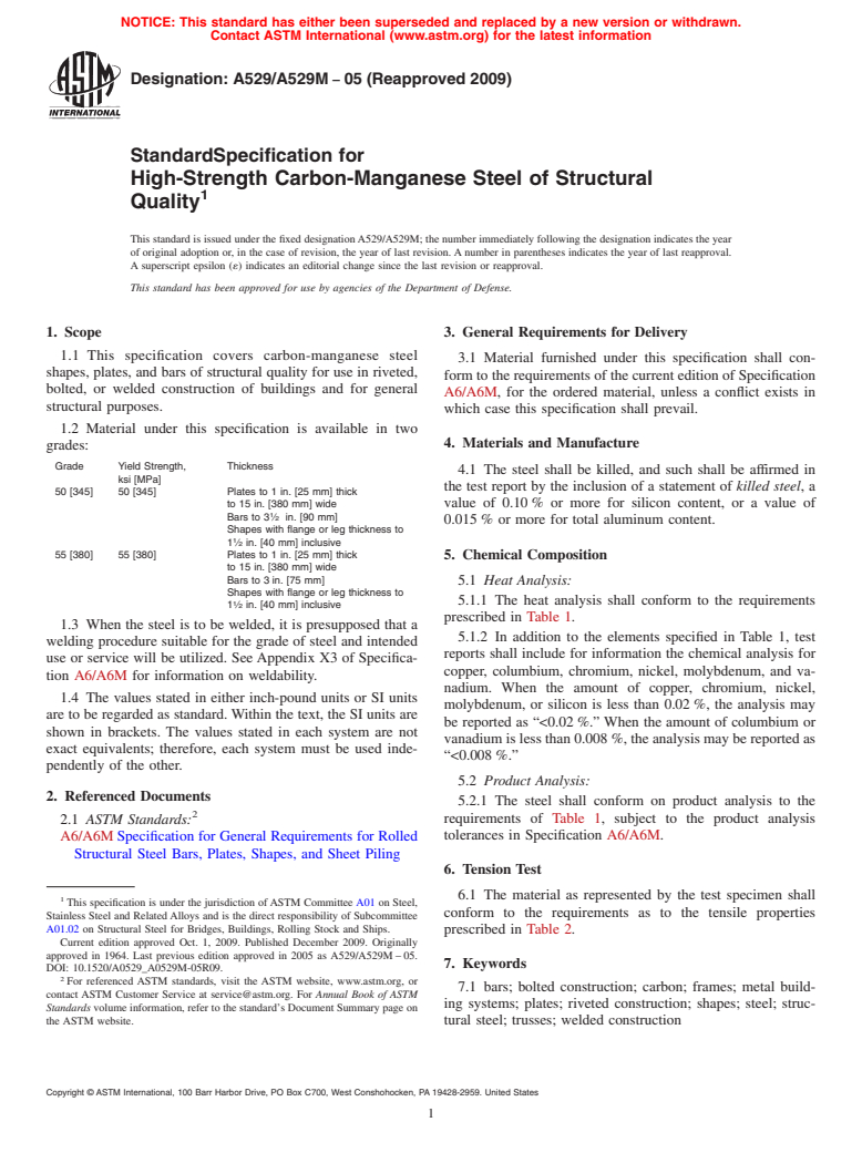 ASTM A529/A529M-05(2009) - Standard Specification for High-Strength Carbon-Manganese Steel of Structural Quality