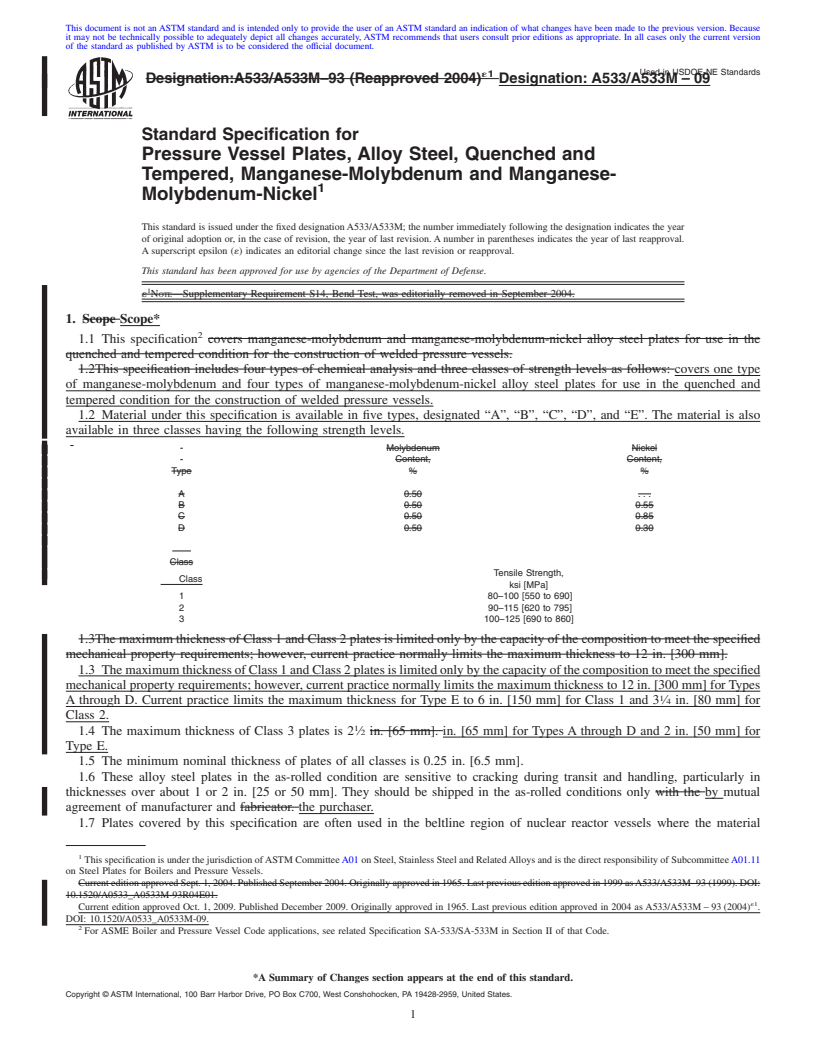 REDLINE ASTM A533/A533M-09 - Standard Specification for Pressure Vessel Plates, Alloy Steel, Quenched and Tempered, Manganese-Molybdenum and Manganese-Molybdenum-Nickel