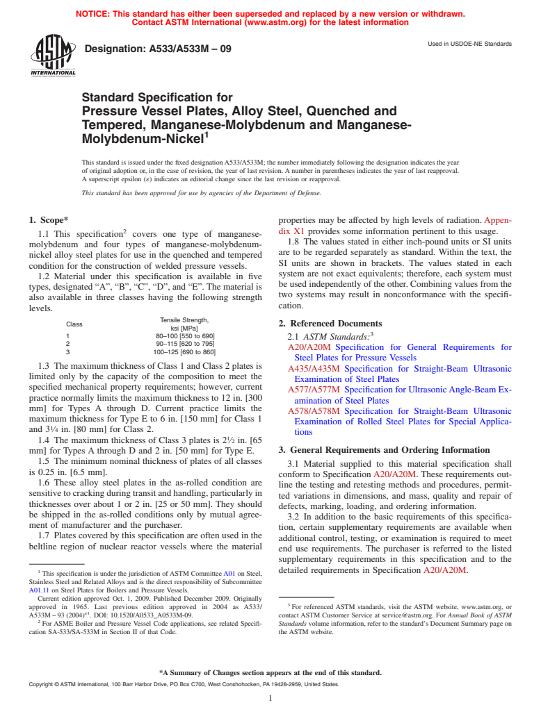 ASTM A533/A533M-09 - Standard Specification for Pressure Vessel Plates, Alloy Steel, Quenched and Tempered, Manganese-Molybdenum and Manganese-Molybdenum-Nickel