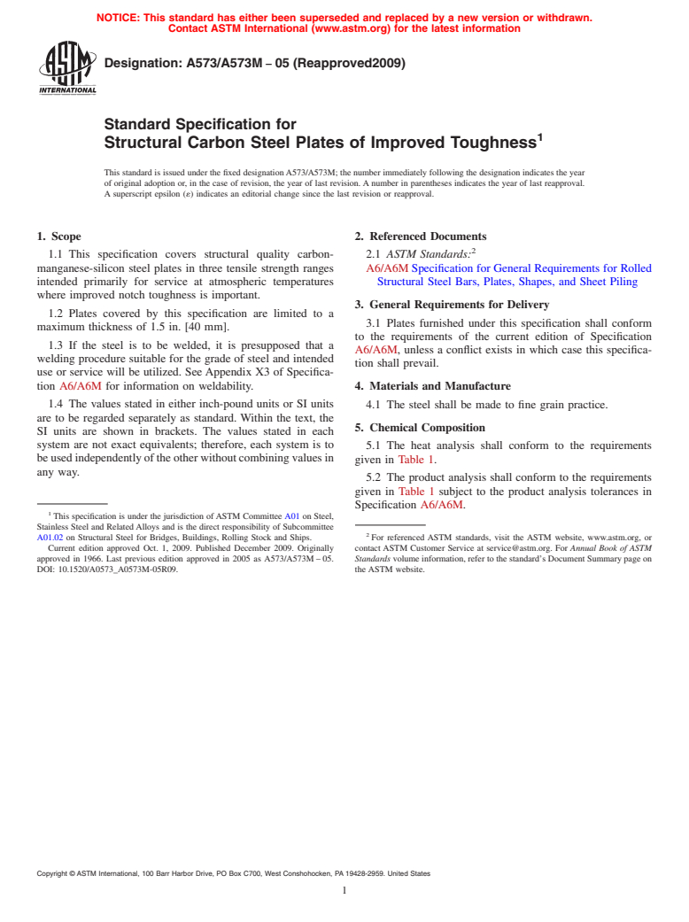 ASTM A573/A573M-05(2009) - Standard Specification for Structural Carbon Steel Plates of Improved Toughness