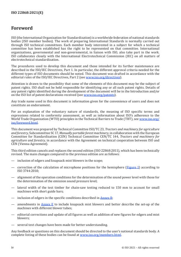 ISO 22868:2021 ISO 22868:2021 - Forestry and gardening machinery -- Noise test code for portable hand-held machines with internal combustion engine -- Engineering method (Grade 2 accuracy) - Page 4 preview