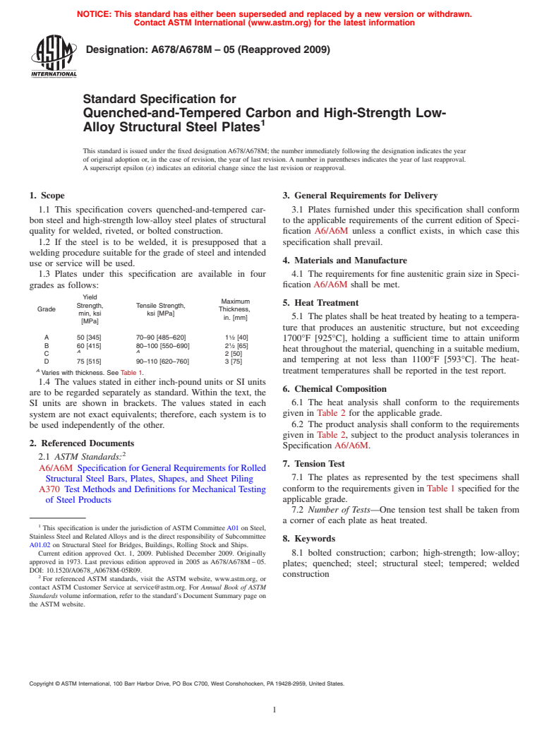 ASTM A678/A678M-05(2009) - Standard Specification for Quenched-and-Tempered Carbon and High-Strength Low-Alloy Structural Steel Plates (Withdrawn 2010)