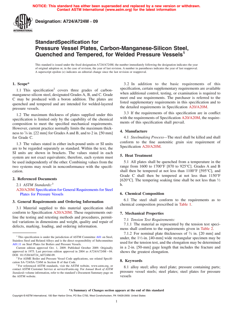 ASTM A724/A724M-09 - Standard Specification for Pressure Vessel Plates, Carbon-Manganese-Silicon Steel, Quenched and Tempered, for Welded Layered Pressure Vessels