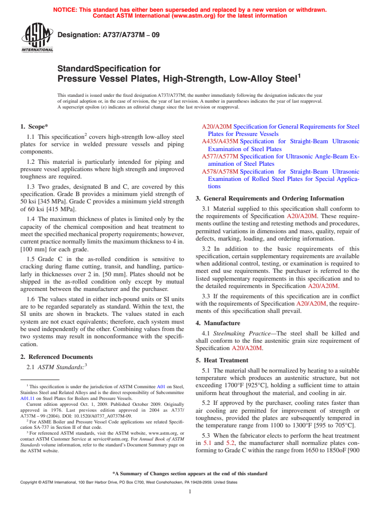 ASTM A737/A737M-09 - Standard Specification for Pressure Vessel Plates, High-Strength, Low-Alloy Steel