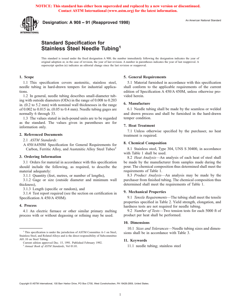 ASTM A908-91(1998) - Standard Specification for Stainless Steel Needle Tubing