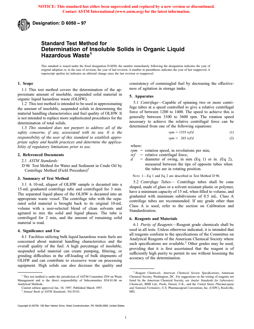 ASTM D6050-97 - Standard Test Method for Determination of Insoluble Solids in Organic Liquid Hazardous Waste