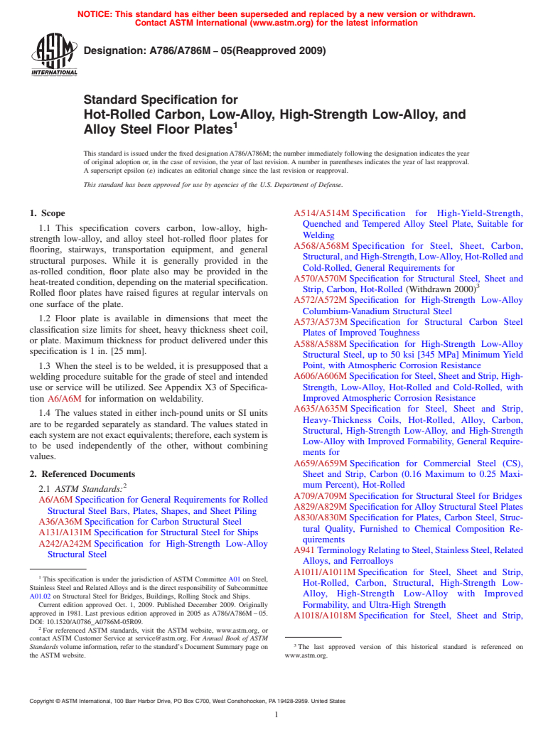 ASTM A786/A786M-05(2009) - Standard Specification for Hot-Rolled Carbon, Low-Alloy, High-Strength Low-Alloy, and Alloy Steel Floor Plates