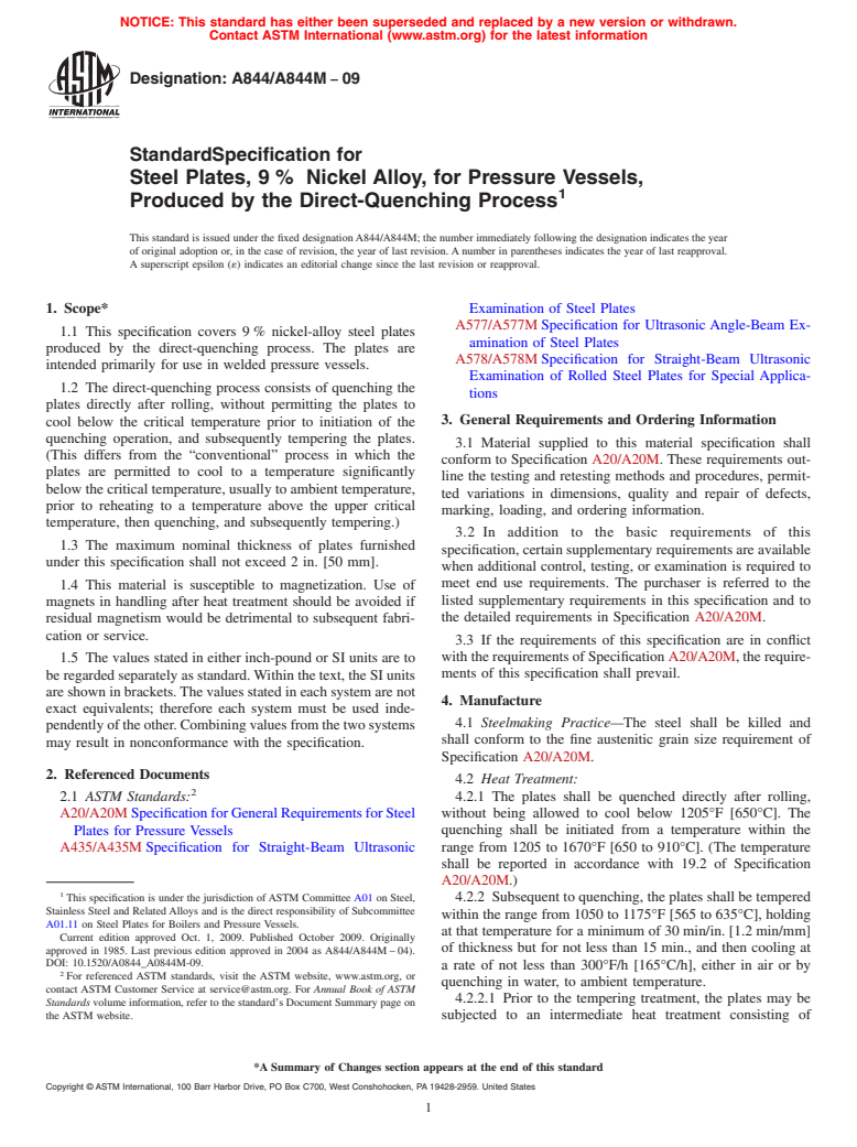 ASTM A844/A844M-09 - Standard Specification for Steel Plates, 9 %  Nickel Alloy, for Pressure Vessels, Produced by the Direct-Quenching Process
