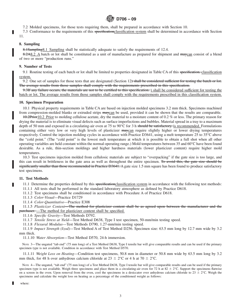 REDLINE ASTM D706-09 - Standard Classification System and Basis for Specifications for Cellulose Acetate Molding and Extrusion Compounds