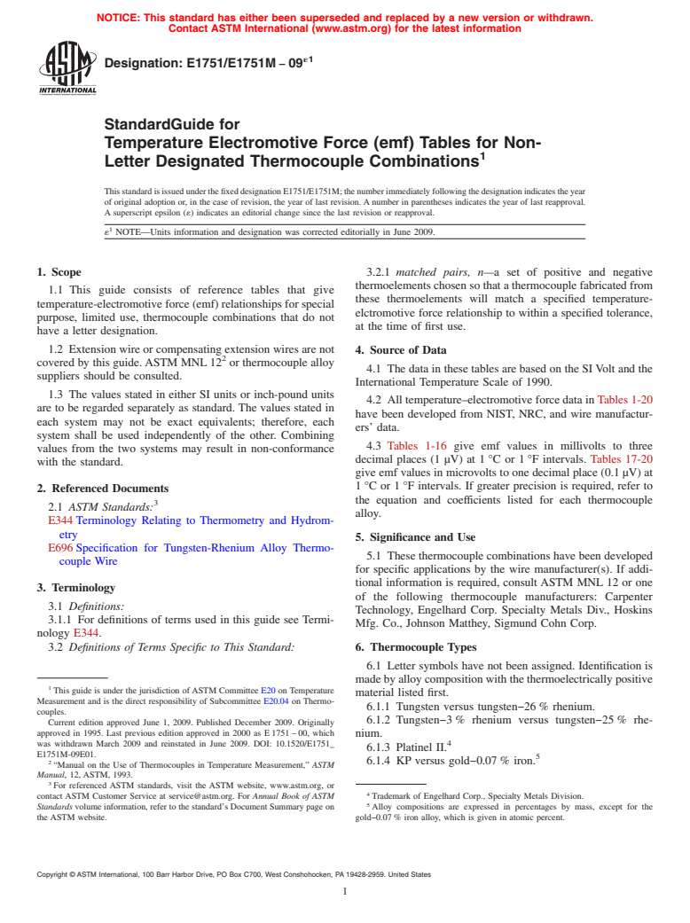 ASTM E1751/E1751M-09e1 - Standard Guide for Temperature Electromotive Force (emf) Tables for Non-Letter Designated Thermocouple Combinations