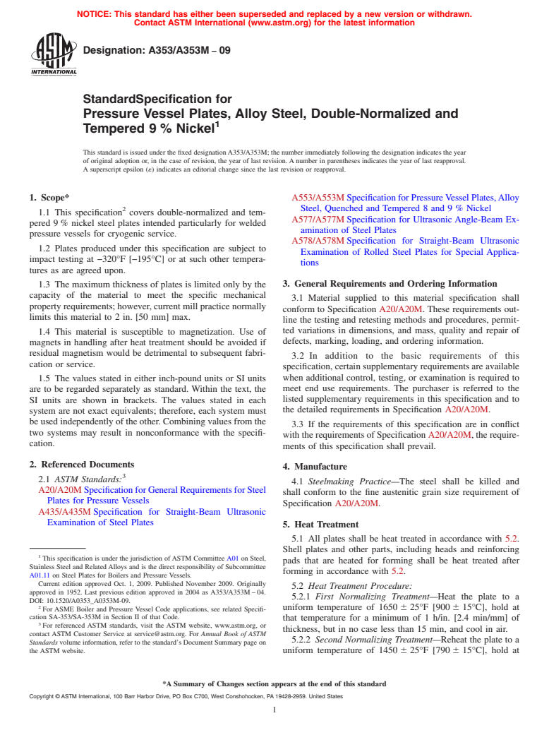 ASTM A353/A353M-09 - Standard Specification for Pressure Vessel Plates, Alloy Steel, Double-Normalized and Tempered 9% Nickel