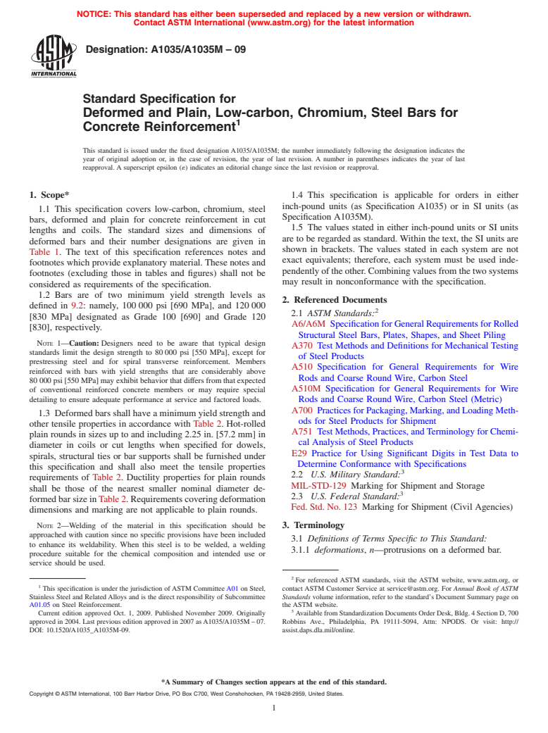 ASTM A1035/A1035M-09 - Standard Specification for Deformed and Plain, Low-carbon, Chromium, Steel Bars for Concrete Reinforcement
