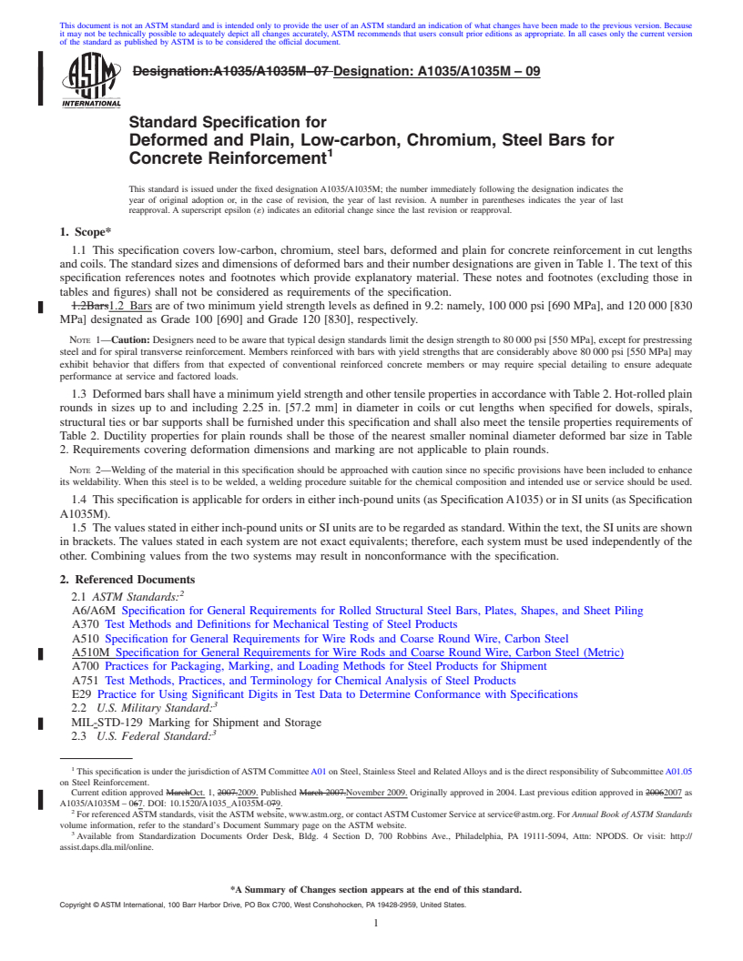 REDLINE ASTM A1035/A1035M-09 - Standard Specification for Deformed and Plain, Low-carbon, Chromium, Steel Bars for Concrete Reinforcement