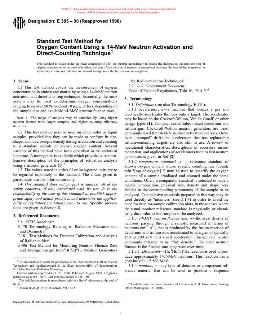 ASTM E385-90(1996) - Standard Test Method for Oxygen Content Using a 14-MeV Neutron Activation and Direct-Counting Technique