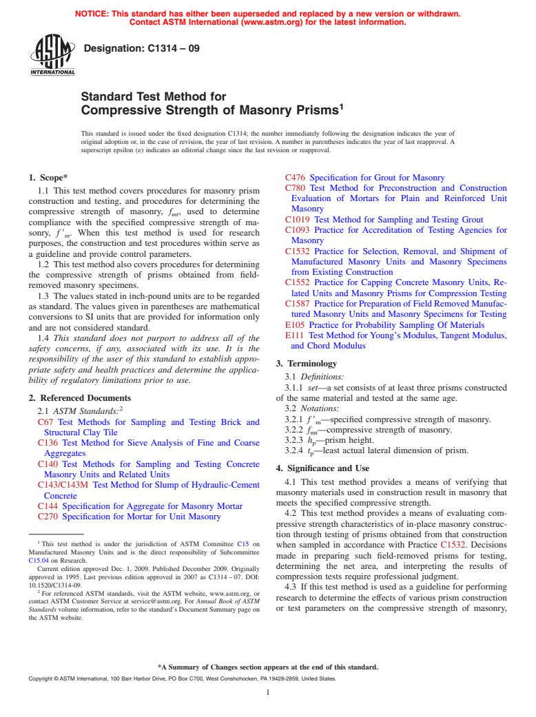 ASTM C1314-09 - Standard Test Method for Compressive Strength of Masonry Prisms