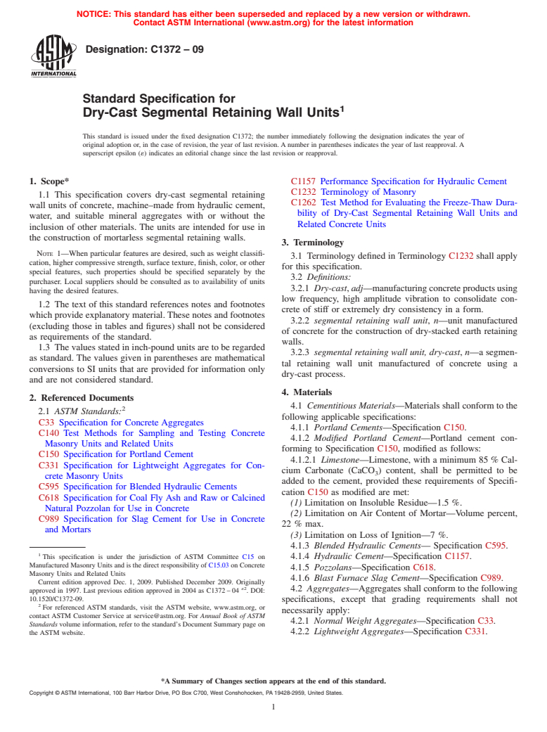 ASTM C1372-09 - Standard Specification for Dry-Cast Segmental Retaining Wall Units