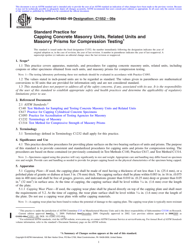 REDLINE ASTM C1552-09a - Standard Practice for Capping Concrete Masonry Units, Related Units and Masonry Prisms for Compression Testing