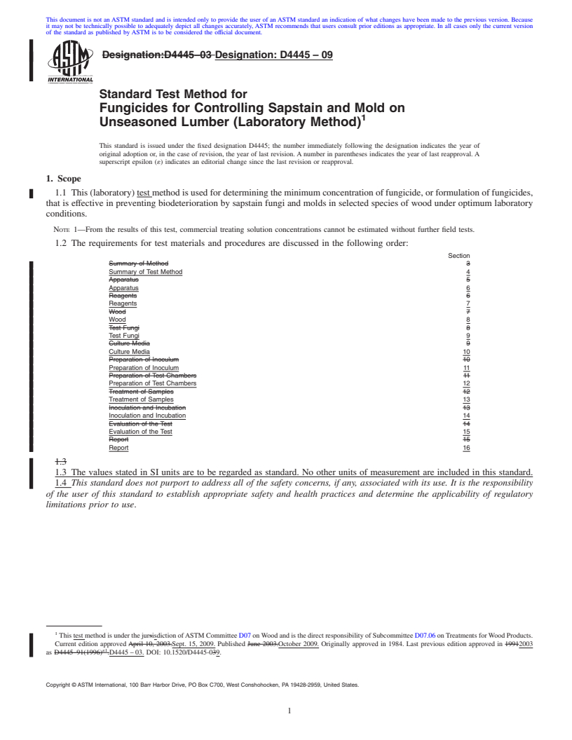 REDLINE ASTM D4445-09 - Standard Test Method for Fungicides for Controlling Sapstain and Mold on Unseasoned Lumber (Laboratory Method)