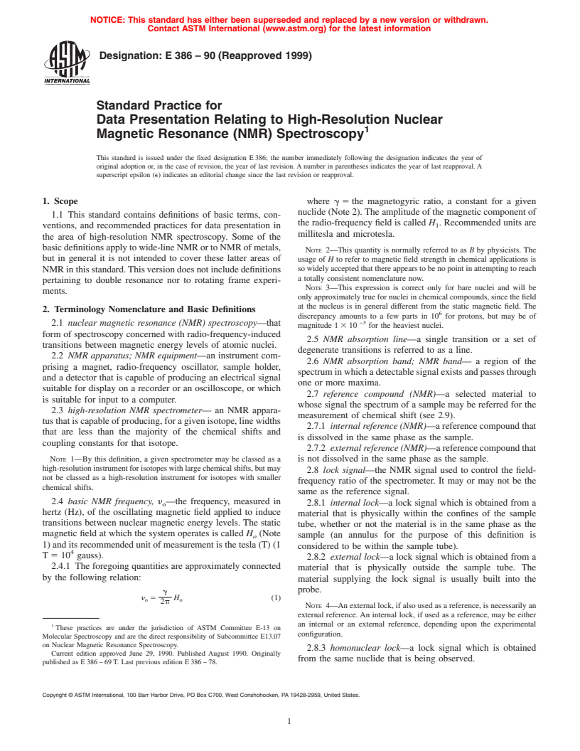 ASTM E386-90(1999) - Standard Practice for Data Presentation Relating to High-Resolution Nuclear Magnetic Resonance (NMR) Spectroscopy