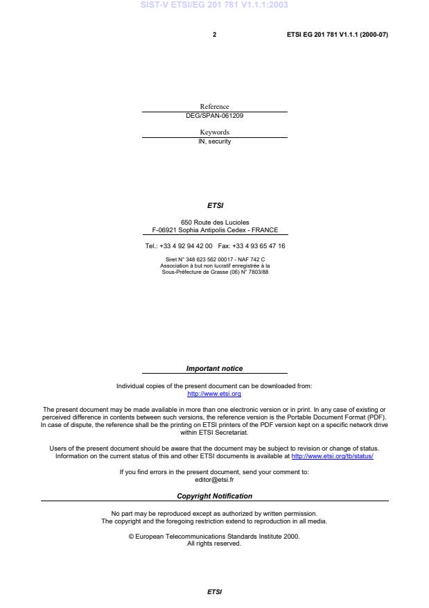 SIST-V ETSI/EG 201 781 V1.1.1:2003 SIST-V ETSI/EG 201 781 V1.1.1:2003 - Page 4 preview