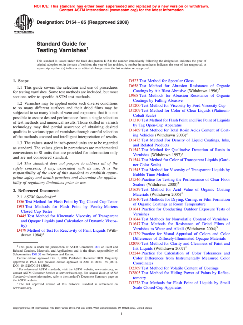 ASTM D154-85(2009) - Standard Guide for Testing Varnishes (Withdrawn 2018)