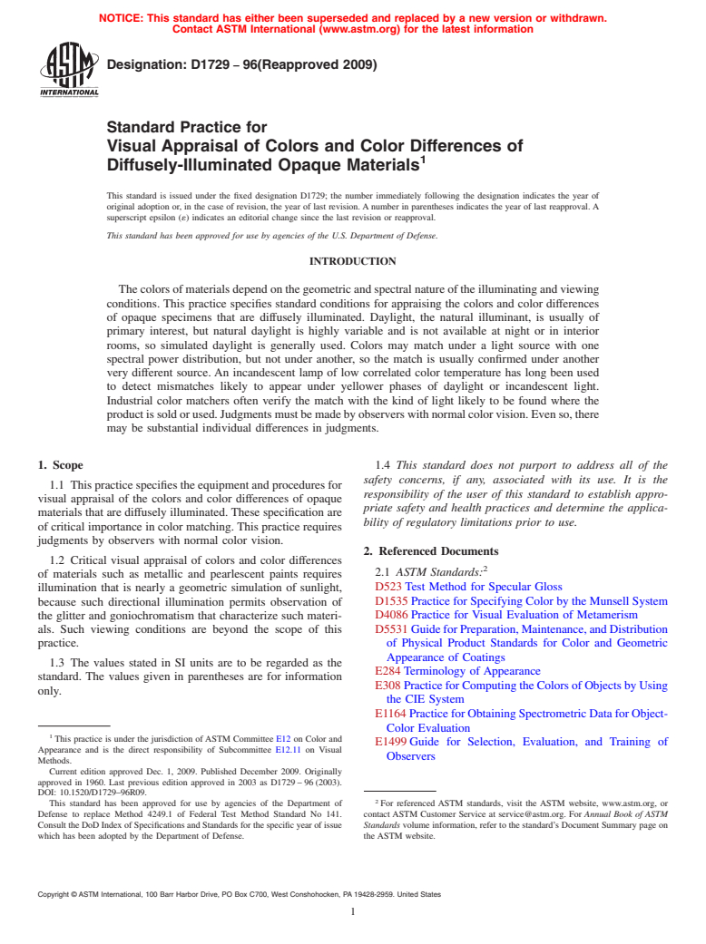 ASTM D1729-96(2009) - Standard Practice for Visual Appraisal of Colors and Color Differences of Diffusely-Illuminated Opaque Materials