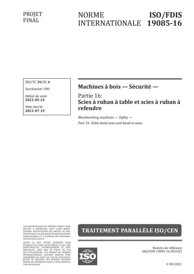 ISO/FDIS 19085-16:Version 29-maj-2021 - Machines a bois -- Sécurité