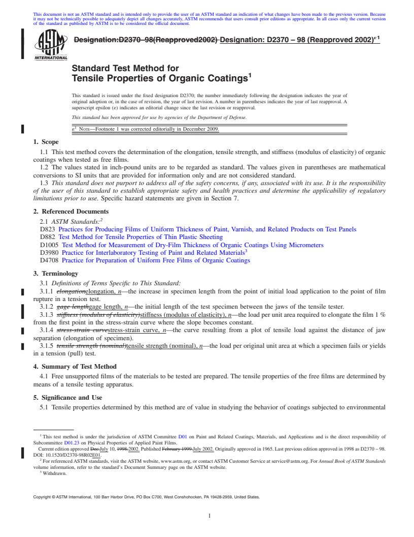 REDLINE ASTM D2370-98(2002)e1 - Standard Test Method for Tensile Properties of Organic Coatings