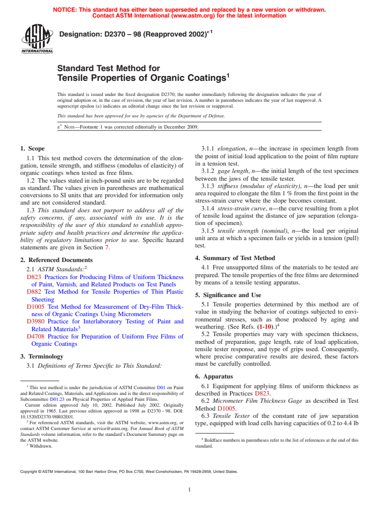 ASTM D2370-98(2002)e1 - Standard Test Method for Tensile Properties of Organic Coatings