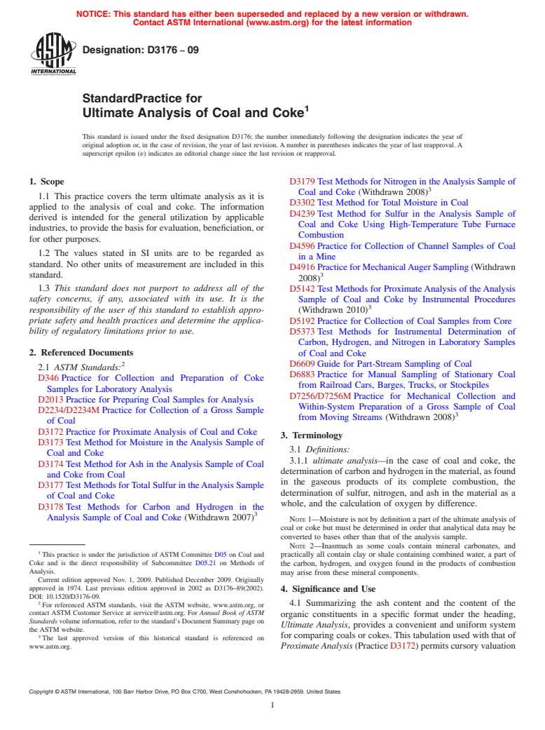 ASTM D3176-09 - Standard Practice for Ultimate Analysis of Coal and Coke