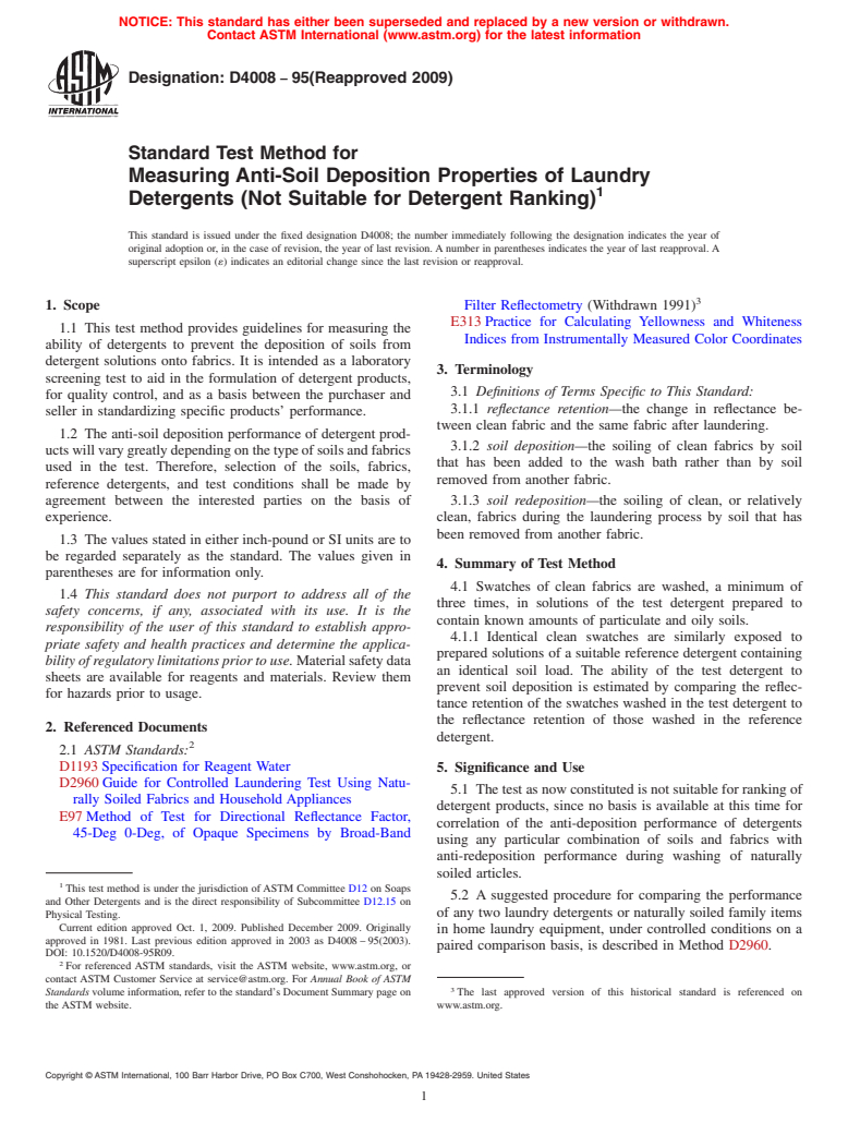 ASTM D4008-95(2009) - Standard Test Method for Measuring Anti-Soil Deposition Properties of Laundry Detergents (Not Suitable for Detergent Ranking)