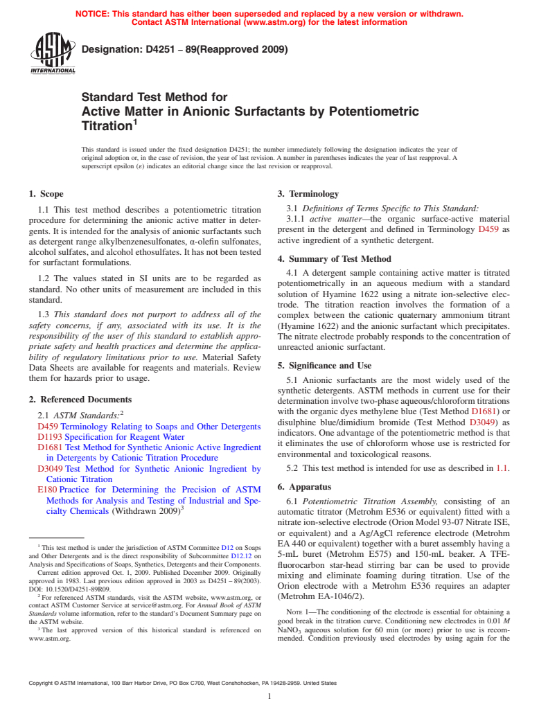 ASTM D4251-89(2009) - Standard Test Method for Active Matter in Anionic Surfactants by Potentiometric Titration