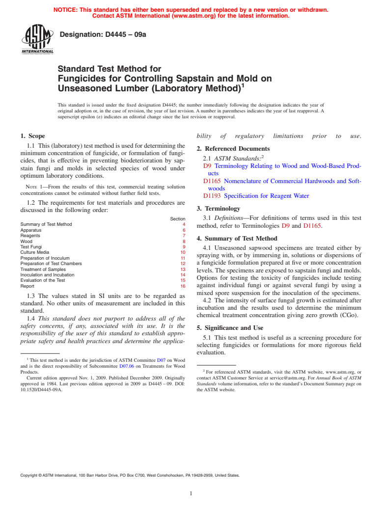 ASTM D4445-09a - Standard Test Method for Fungicides for Controlling Sapstain and Mold on Unseasoned Lumber (Laboratory Method)