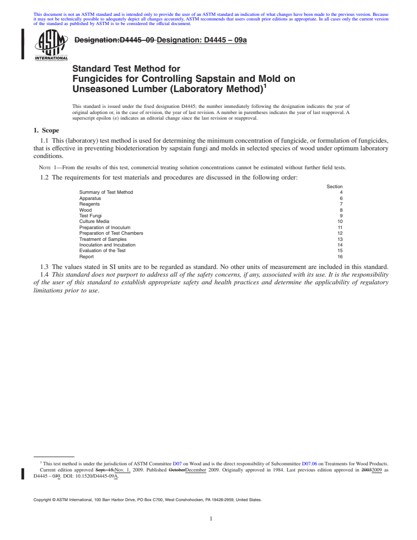 REDLINE ASTM D4445-09a - Standard Test Method for Fungicides for Controlling Sapstain and Mold on Unseasoned Lumber (Laboratory Method)