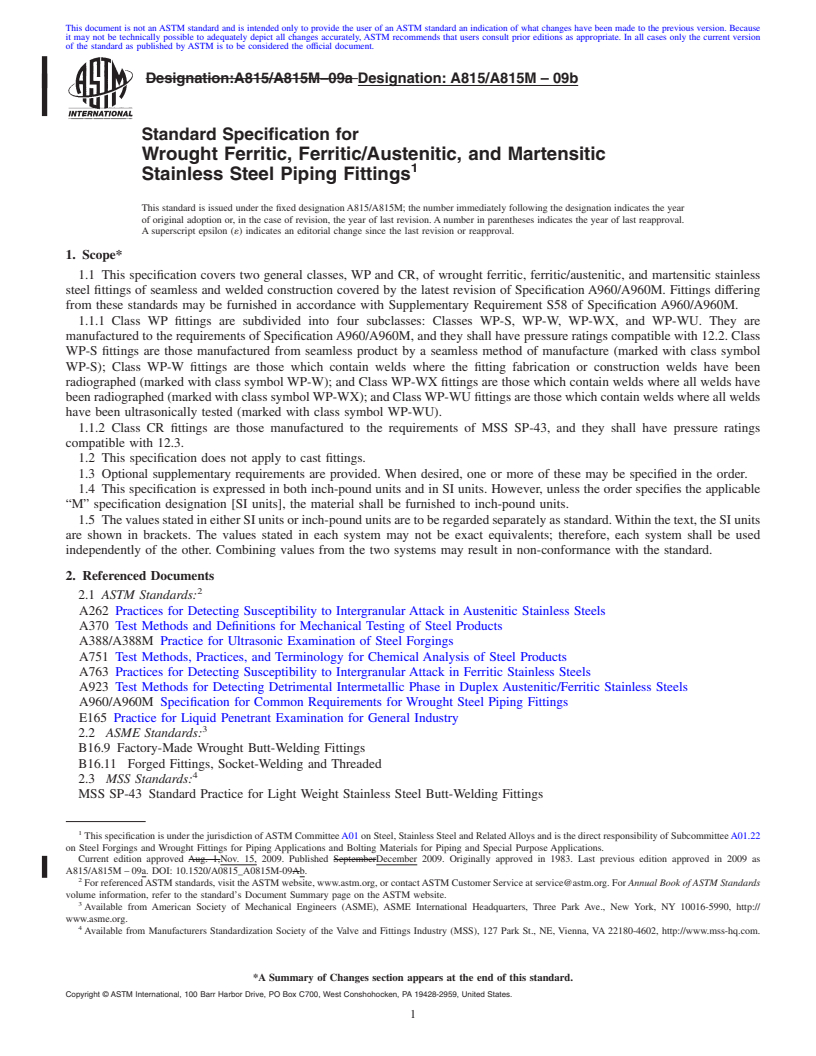 REDLINE ASTM A815/A815M-09b - Standard Specification for  Wrought Ferritic, Ferritic/Austenitic, and Martensitic Stainless Steel Piping Fittings