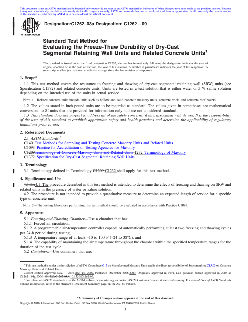 REDLINE ASTM C1262-09 - Standard Test Method for  Evaluating the Freeze-Thaw Durability of Dry-Cast Segmental Retaining Wall Units and Related Concrete Units