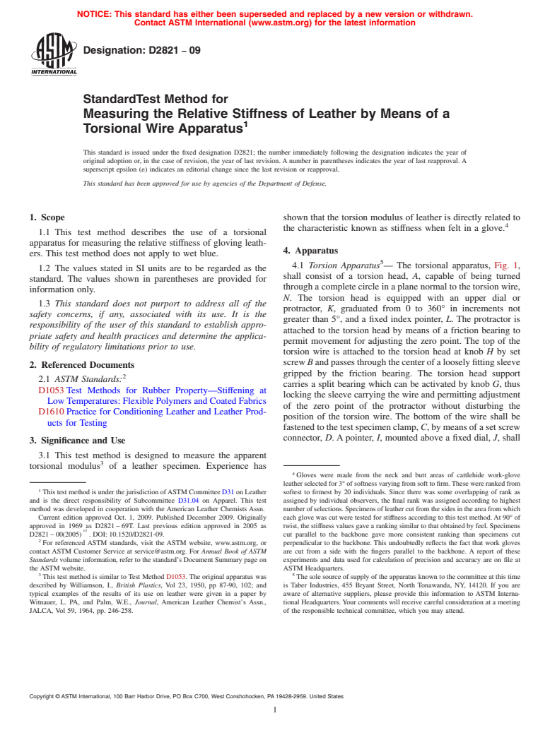 ASTM D2821-09 - Standard Test Method for Measuring the Relative Stiffness of Leather by Means of a Torsional Wire Apparatus