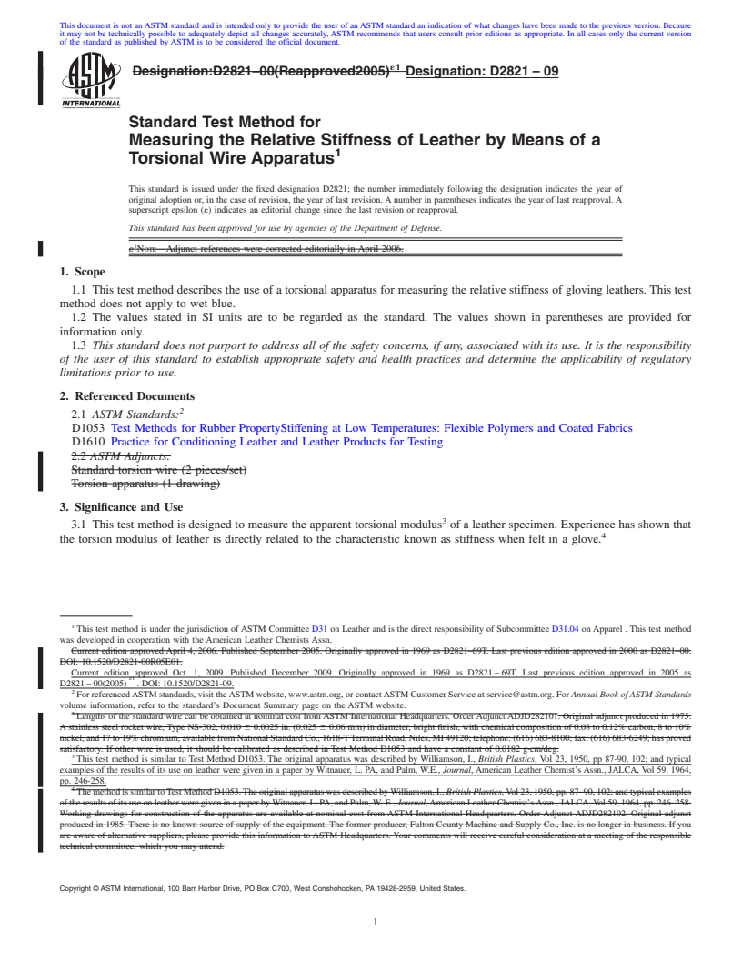 REDLINE ASTM D2821-09 - Standard Test Method for Measuring the Relative Stiffness of Leather by Means of a Torsional Wire Apparatus