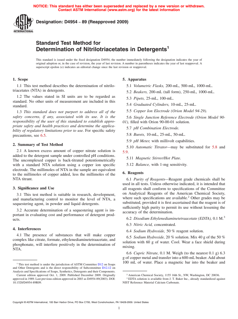 ASTM D4954-89(2009) - Standard Test Method for Determination of Nitrilotriacetates in Detergents