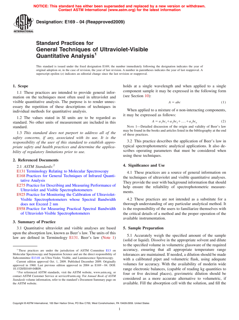 ASTM E169-04(2009) - Standard Practices for General Techniques of Ultraviolet-Visible Quantitative Analysis