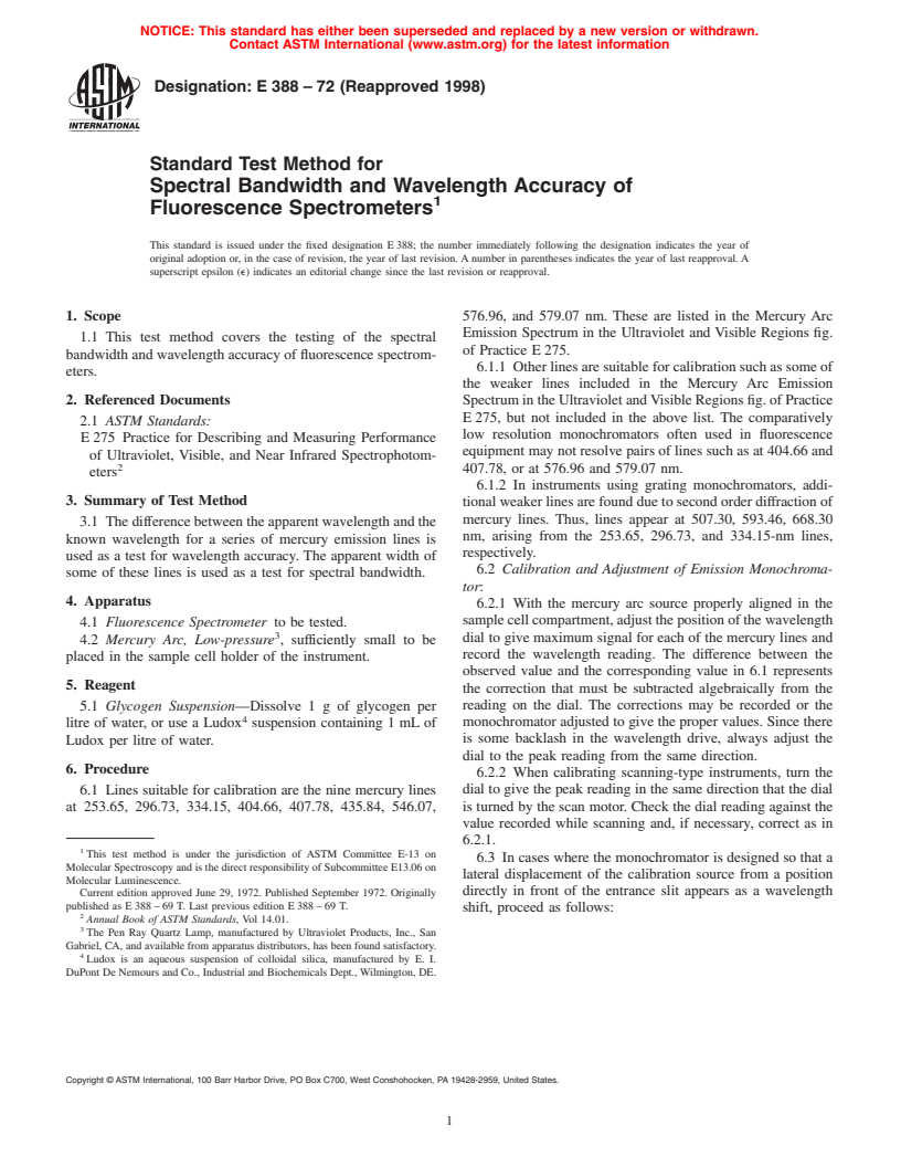 ASTM E388-72(1998) - Standard Test Method for Spectral Bandwidth and Wavelength Accuracy of Fluorescence Spectrometers