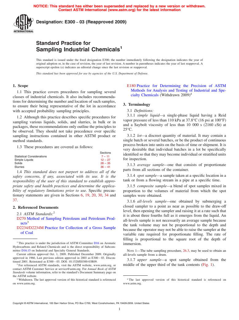 ASTM E300-03(2009) - Standard Practice for Sampling Industrial Chemicals