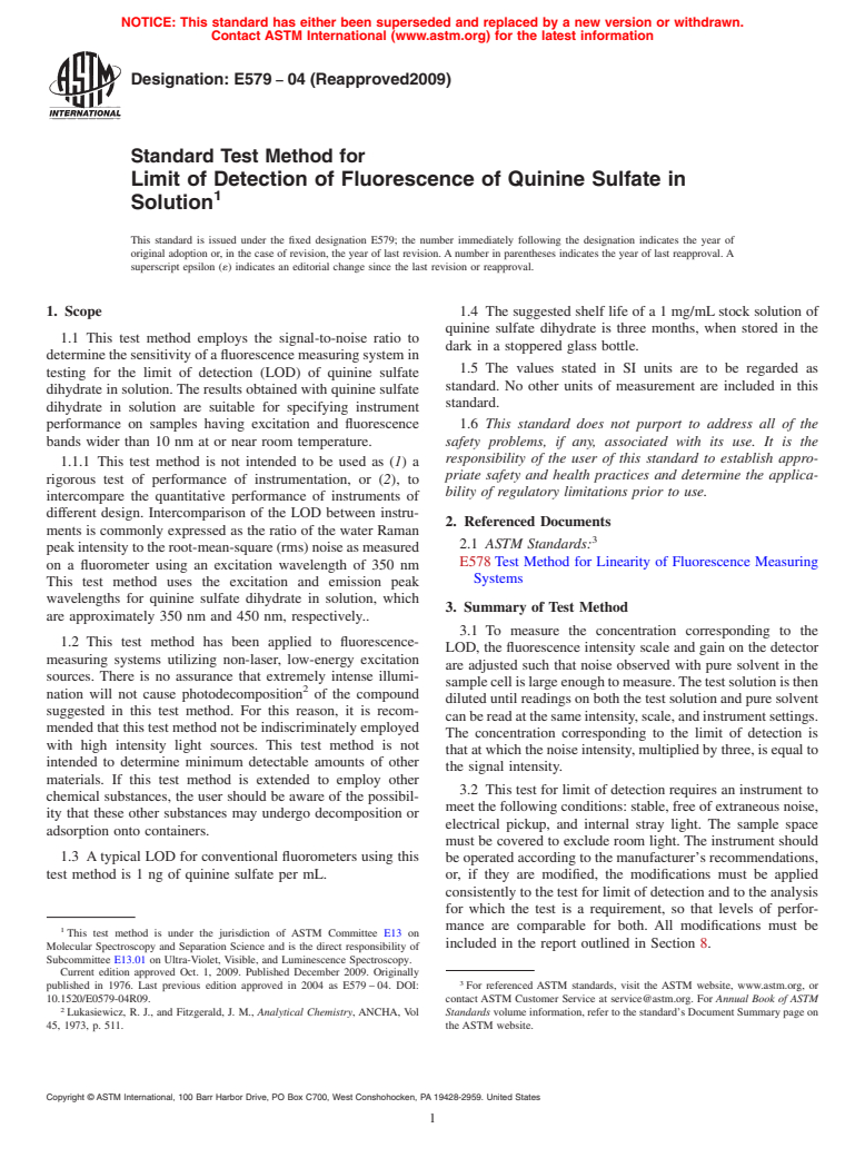 ASTM E579-04(2009) - Standard Test Method for Limit of Detection of Fluorescence of Quinine Sulfate in Solution