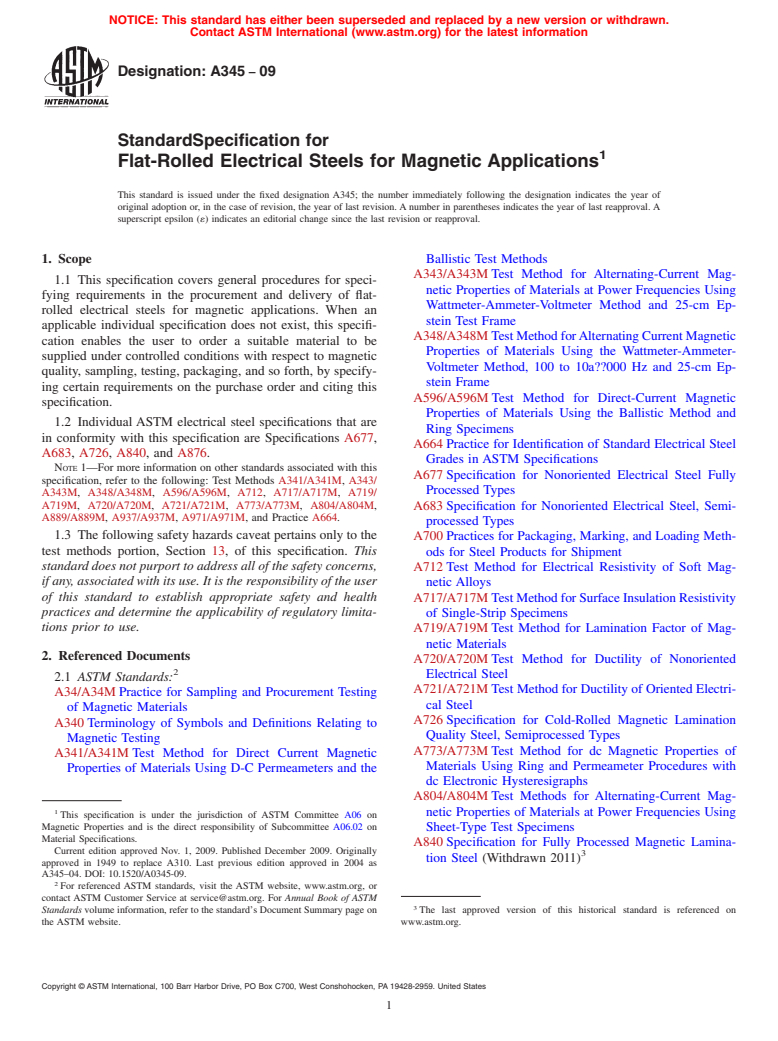 ASTM A345-09 - Standard Specification for Flat-Rolled Electrical Steels for Magnetic Applications