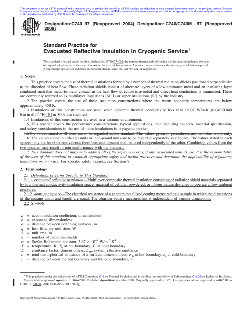 REDLINE ASTM C740/C740M-97(2009) - Standard Practice for Evacuated Reflective Insulation In Cryogenic Service