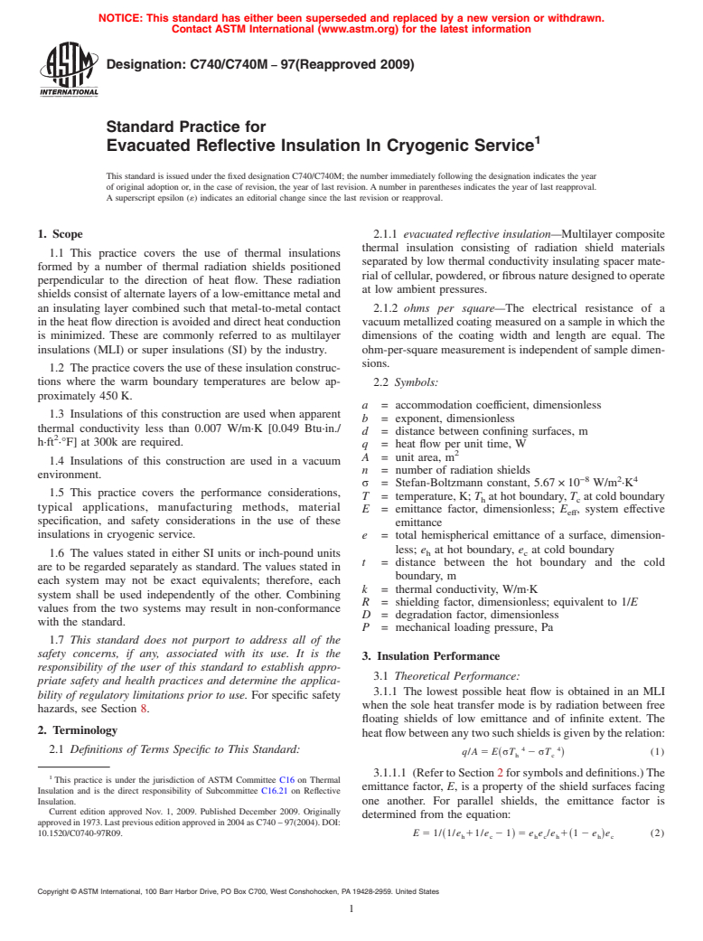 ASTM C740/C740M-97(2009) - Standard Practice for Evacuated Reflective Insulation In Cryogenic Service