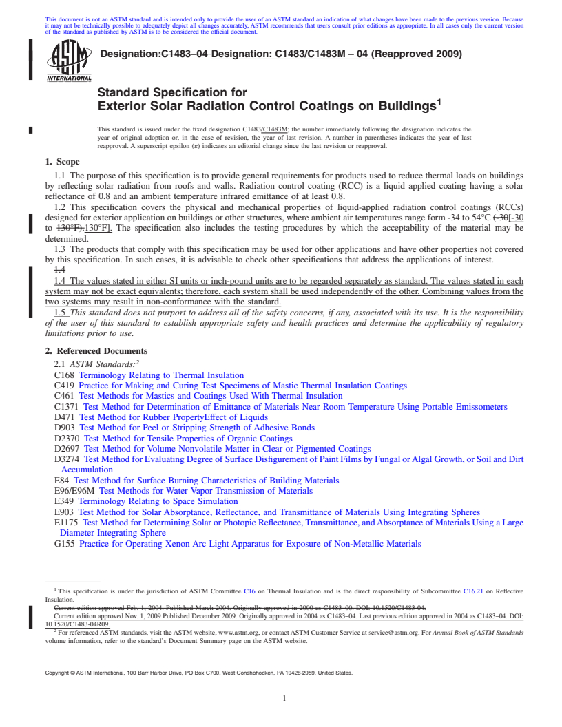 REDLINE ASTM C1483/C1483M-04(2009) - Standard Specification for Exterior Solar Radiation Control Coatings on Buildings