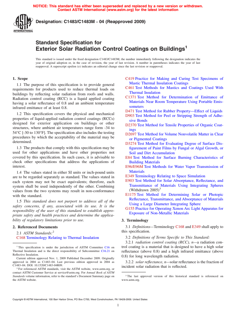 ASTM C1483/C1483M-04(2009) - Standard Specification for Exterior Solar Radiation Control Coatings on Buildings