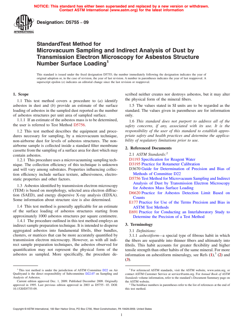 ASTM D5755-09 - Standard Test Method for Microvacuum Sampling and Indirect Analysis of Dust by Transmission Electron Microscopy for Asbestos Structure Number Surface Loading